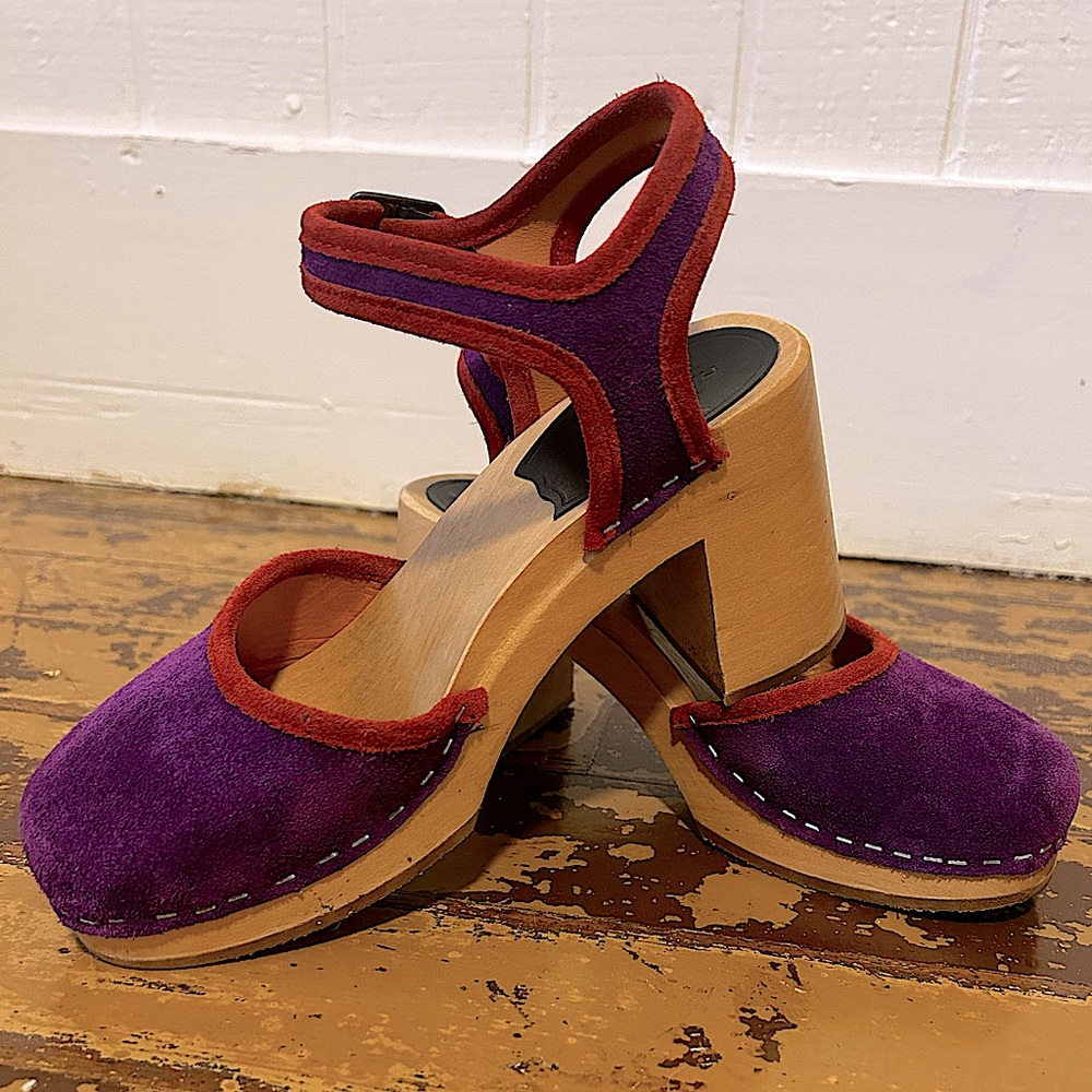 Swedish Hasbeens purple suede buckled heels